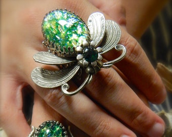 Jeweled Moth, Large Bug Ring, Insect Ring, Boho Ring, Silver Cocktail Ring, Opal Ring, Retro 1960s Style Ring