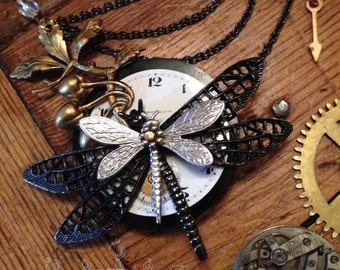 Dragonfly Necklace, Steampunk Dragonfly Jewelry, Insect Jewelry, Statement Necklace, Made in USA,