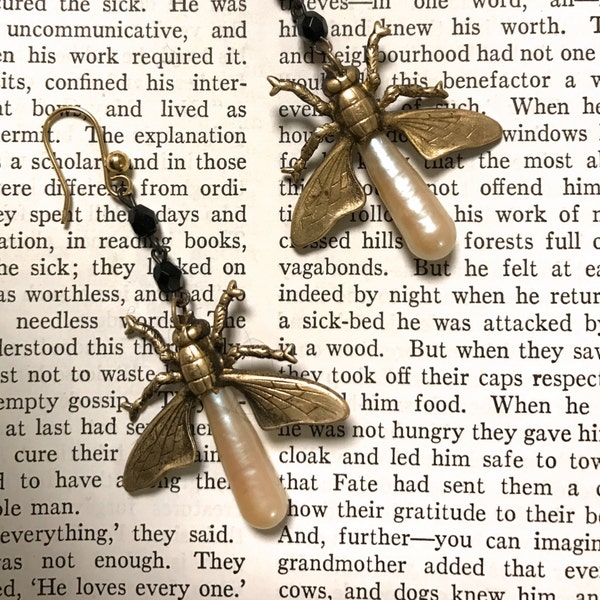 Firefly Earrings, Insect Jewelry,  Rosary Earrings, Bohemian Style, Steampunk Jewelry,  Bug Earrings, Made in USA, Free Shipping USA