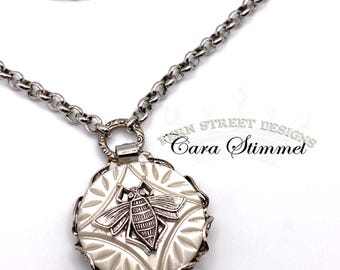 Silver Cable Chain Bee Necklace with Vintage Carved Button, Bee Lover, Free Shipping in USA