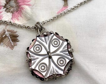 Vintage Carved Pearl Shell Button on Silver Chain necklace, Gift for Her, OOAK Jewelry, Free Shipping in USA