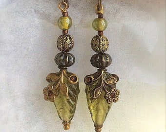 Glass Leaf Bead with Pave' Flower Drop Earrings, Women Earrings, Vintage Chartreuse Glass Earrings, Free Shipping USA