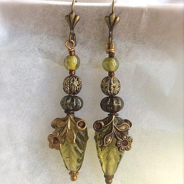 Glass Leaf Bead with Pave' Flower Drop Earrings, Women Earrings, Vintage Chartreuse Glass Earrings, Free Shipping USA