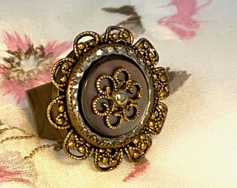 Button Ring, Bezel Set Vintage Mother of Pearl Button,  Free shipping USA
