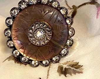 Statement Button Ring, Vintage Hand Etched Button with Swarovski Crystal Accents, Free Shipping USA