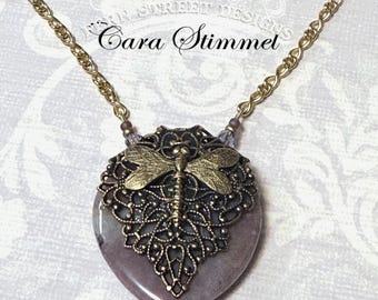 WoodLand Whimsy Necklace, Dragonfly Heart on Chain, Agate Pendant