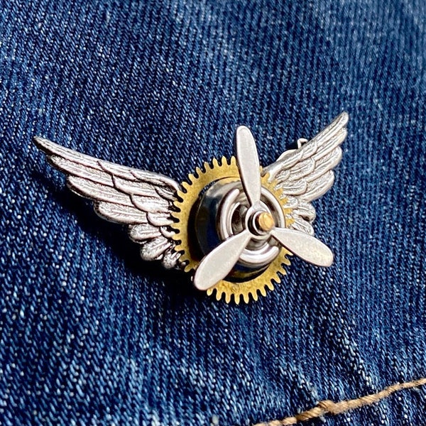 Steampunk Pin, Steampunk Flyer Wing Brooch with Moving Propellers, Pilot Wings, Unisex Jewelry