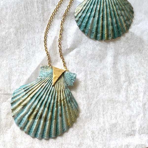 Scallop Shell Pendant on Necklace Chain, Blue Seashell Necklace, Beach Jewelry, Made in USA