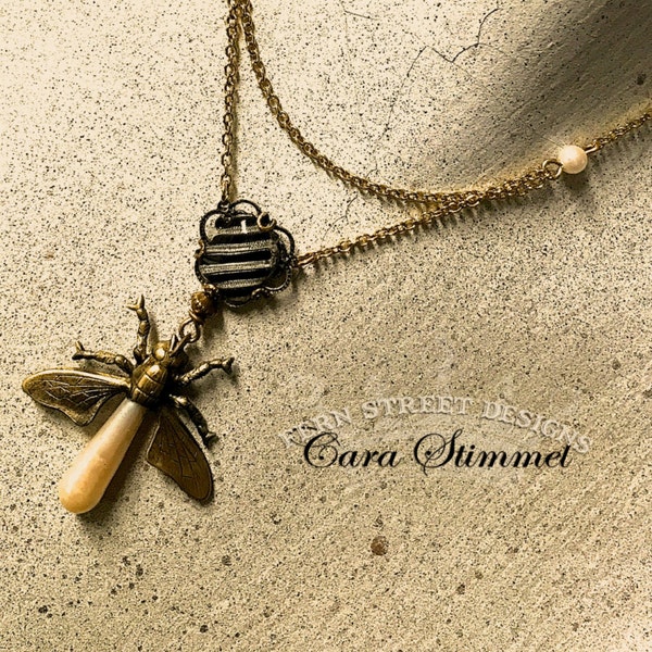 Steampunk Firefly Pendant, Chain Draped Necklace, Insect Jewelry, Free Shipping USA