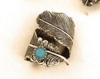 Feather Thumb Ring, Feather Ring with Turquoise Stone, Steampunk Ring, Feather Wrap Ring, Boho Feather Ring, Thumb Ring, Plume Ring