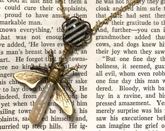 Steampunk Firefly Pendant, Chain Draped Necklace, Insect Jewelry, Free Shipping USA