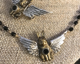 Steampunk Rabbit with Wings, Rabbit Necklace, Rosary Steampunk Necklace,