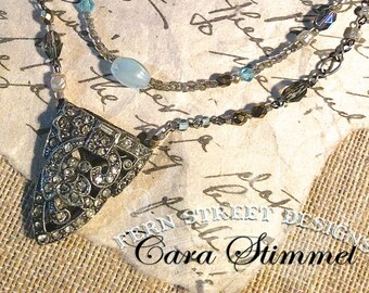 Glass Bead Necklace from Upcycled Jewelry, Vintage Repurpose Rhinestone Dress Clip, Limited Edition, Gift for Her, Free Shipping USA