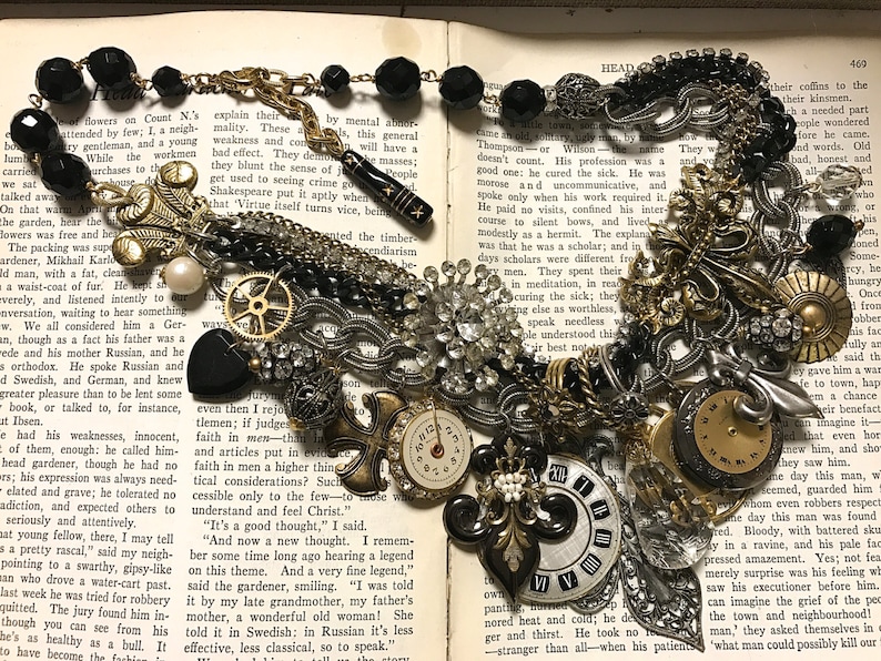 Bib Necklace Steampunk Necklace, Statement Bib Dreams of Paris Charm Necklace