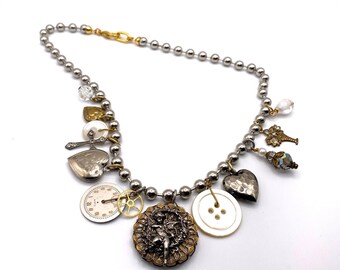 Mixed Metal Charms on Stainless Steel Ball Chain, Chunky Ball Chain Charm Necklace, Limited Edition,  Free Shipping USA