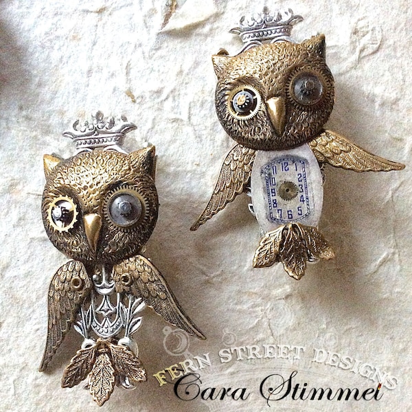 Owl Brooch with Movable Wings, Steampunk Jewelry, Owl with Crown, Assemblage Art, Made in USA, Free Shipping USA