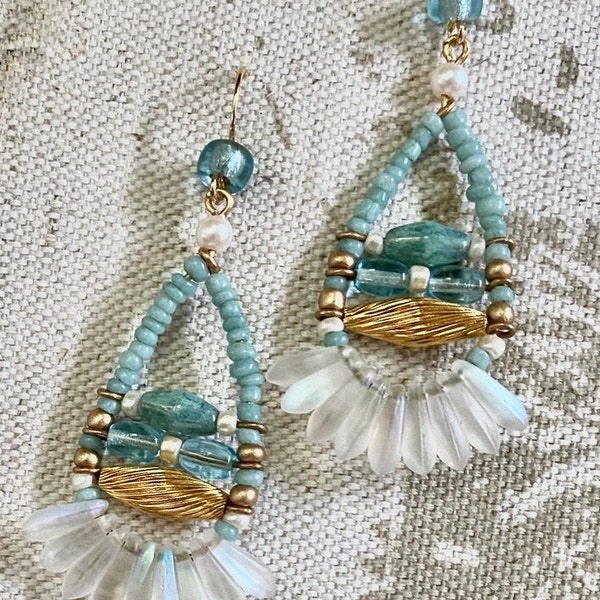 Hand Wired Bead Earring with Fishhook Wire Top, Drop Earrings, Women's Earrings, Sea Breeze Blue Jewelry, Free Shipping USA