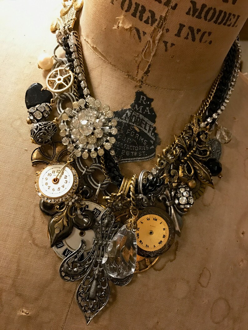 Bib Necklace Steampunk Necklace, Statement Bib Dreams of Paris Charm Necklace
