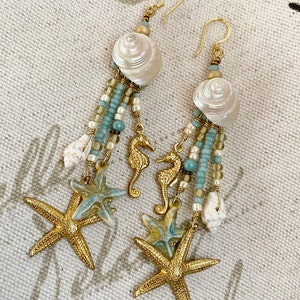 Seashell Dangle Earring w/ Fishhook Ear Wire Top, Drop Earrings, Women's Earrings, Shell Jewelry, Sea Breeze Blue Jewelry, Free Shipping USA image 2