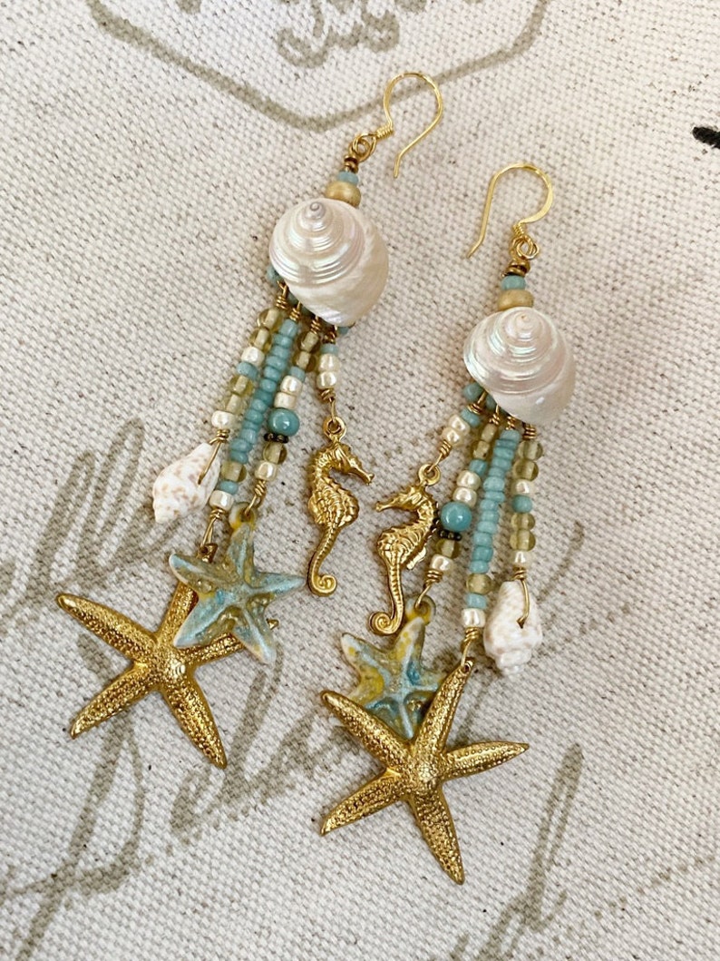 Seashell Dangle Earring w/ Fishhook Ear Wire Top, Drop Earrings, Women's Earrings, Shell Jewelry, Sea Breeze Blue Jewelry, Free Shipping USA image 2