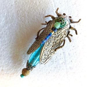 Cicada Brooch, Insect Jewelry, Blue Cicada Statement Pin, Made in USA