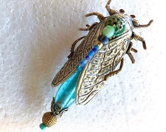 Cicada Brooch, Insect Jewelry, Blue Cicada Statement Pin, Made in USA