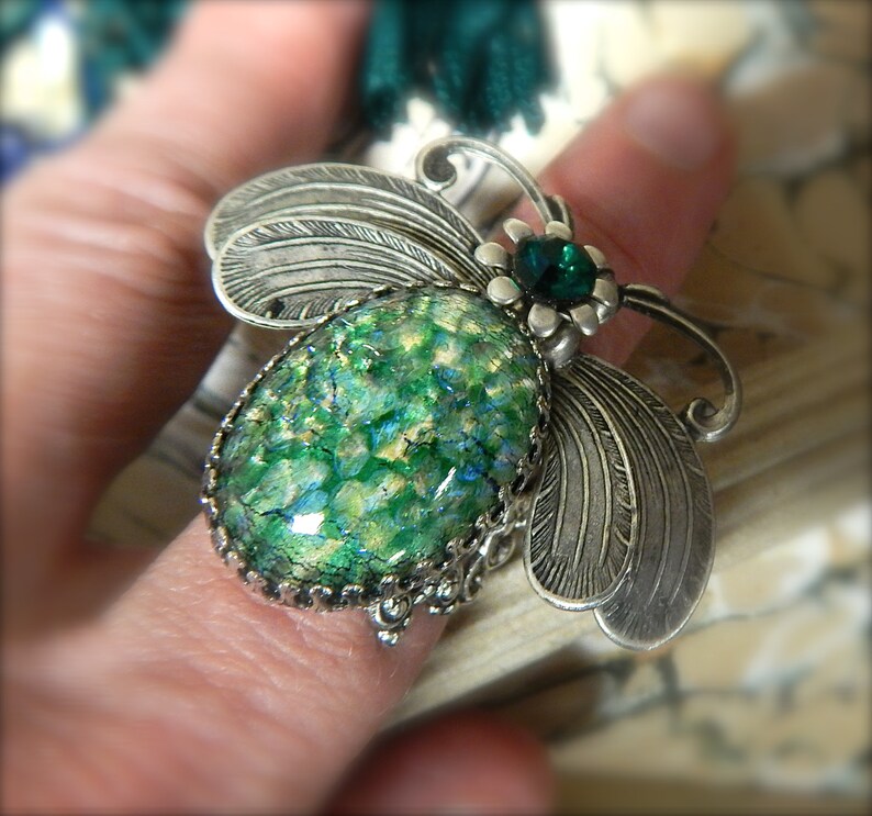 Jeweled Moth, Large Bug Ring, Insect Ring, Boho Ring, Silver Cocktail Ring, Opal Ring, Retro 1960s Style Ring image 4