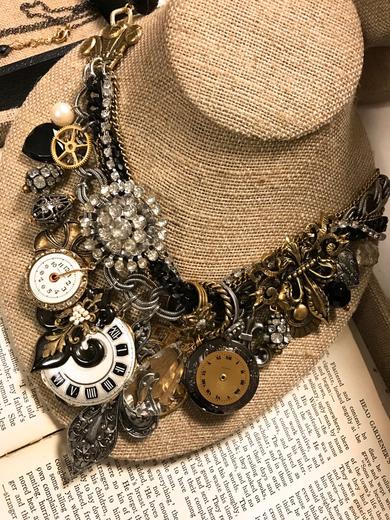 Bib Necklace Steampunk Necklace, Statement Bib Dreams of Paris Charm Necklace