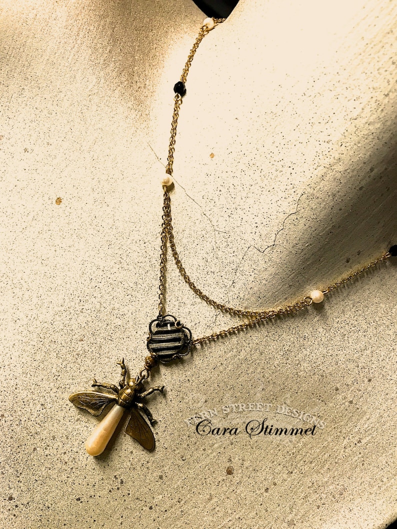 Steampunk Firefly Pendant, Chain Draped Necklace, Insect Jewelry, Free Shipping USA image 1