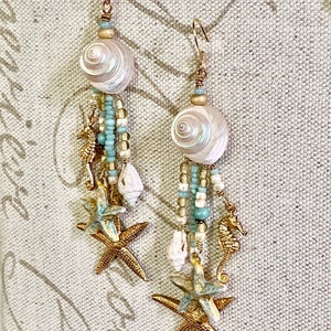 Seashell Dangle Earring w/ Fishhook Ear Wire Top, Drop Earrings, Women's Earrings, Shell Jewelry, Sea Breeze Blue Jewelry, Free Shipping USA image 1