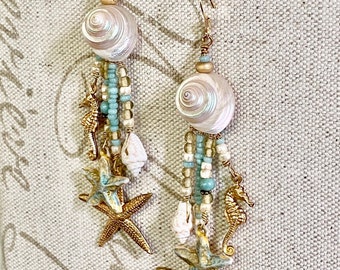 Seashell Dangle Earring w/ Fishhook Ear Wire Top, Drop Earrings, Women's Earrings, Shell Jewelry, Sea Breeze Blue Jewelry, Free Shipping USA