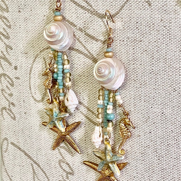 Seashell Dangle Earring w/ Fishhook Ear Wire Top, Drop Earrings, Women's Earrings, Shell Jewelry, Sea Breeze Blue Jewelry, Free Shipping USA