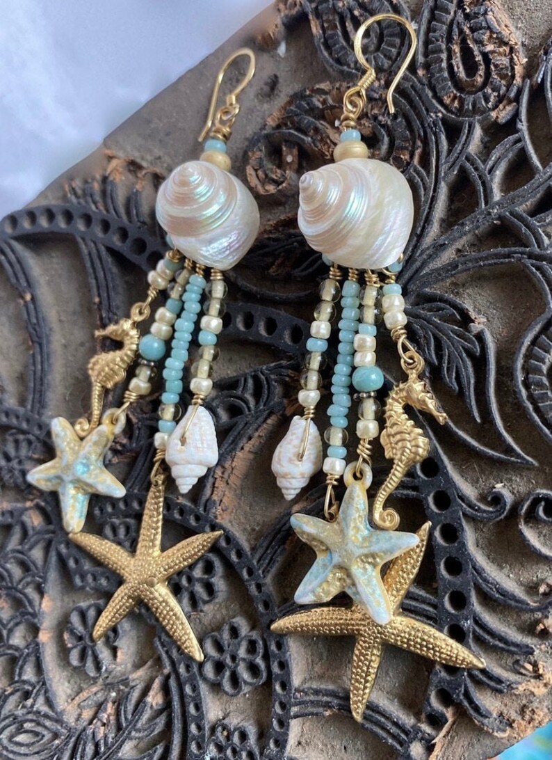 Seashell Dangle Earring w/ Fishhook Ear Wire Top, Drop Earrings, Women's Earrings, Shell Jewelry, Sea Breeze Blue Jewelry, Free Shipping USA image 5