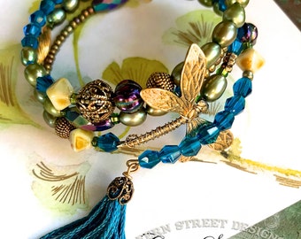 Memory Wire Bracelet, Dragonfly Bracelet, Boho Style Beaded Bracelet, Beaded multi Row Bracelet, Free Shipping USA