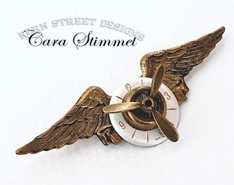 Steampunk Pin, Steampunk Flyer Wing Brooch with Moving Propellers, Pilot Wings, Unisex Jewelry