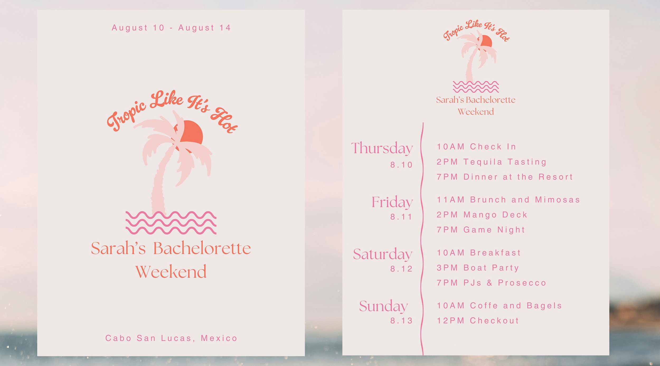 Tropical Bachelorette Invitation Editable Itinerary Mexico Canva Template Pink Girls Trip Itinerary