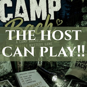 Puede incluir: Imagen con tem&aacute;tica al aire libre con el texto "CAMP BACH" y "THE HOST CAN PLAY!!" Se anuncia un juego de misterio de asesinato de despedida de soltera. Los accesorios incluyen un sombrero, una linterna y un itinerario.