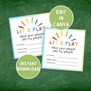 Bearbeitbare Playdate-Karten für Kinder, kinderfreundliche Visitenkarten für Playdates, Lets Play-Karten, Elternkontaktkarte, Spieldatumskarte