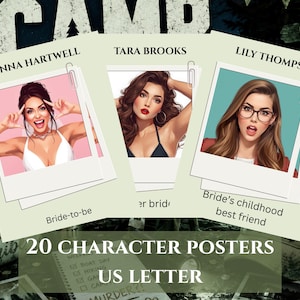 Puede incluir: Tres carteles estilo polaroid con ilustraciones de mujeres, etiquetados como "Sienna Hartwell", "Tara Brooks" y "Lily Thompson". El texto "20 CHARACTER POSTERS" y "US LETTER" tambi&eacute;n es visible. El fondo sugiere un tema de acampada.