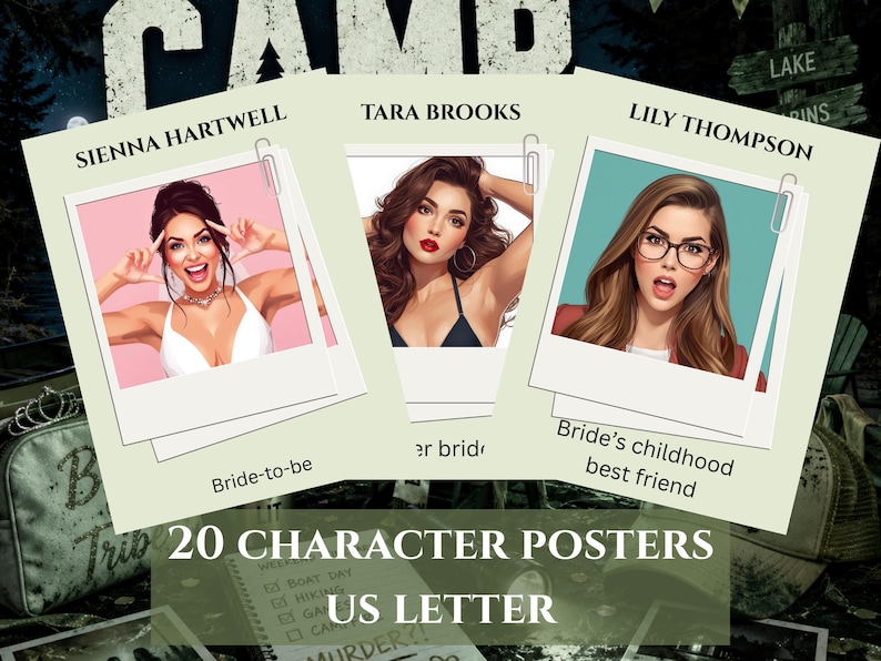 Puede incluir: Tres carteles estilo polaroid con ilustraciones de mujeres, etiquetados como "Sienna Hartwell", "Tara Brooks" y "Lily Thompson". El texto "20 CHARACTER POSTERS" y "US LETTER" tambi&eacute;n es visible. El fondo sugiere un tema de acampada.