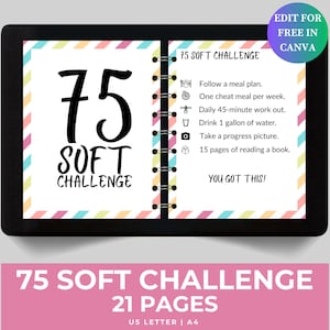 May include: A black notebook with the text "75 SOFT CHALLENGE" in large black letters. The notebook includes a list of challenges and the text "YOU GOT THIS!" The bottom banner reads "75 SOFT CHALLENGE 21 PAGES".