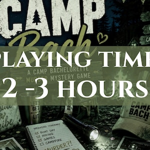 Puede incluir: Una imagen que promociona un juego de misterio de asesinato con tem&aacute;tica de campamento para una despedida de soltera. El texto dice "Camp Bach" y "Tiempo de juego: 2-3 horas". La imagen incluye un sombrero, una bolsa, una linterna, un cuaderno y una taza.