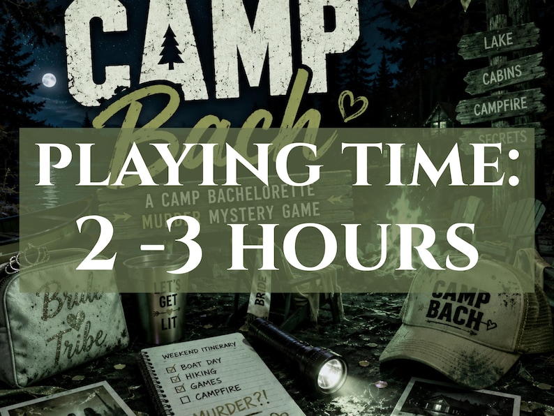 Puede incluir: Una imagen que promociona un juego de misterio de asesinato con tem&aacute;tica de campamento para una despedida de soltera. El texto dice "Camp Bach" y "Tiempo de juego: 2-3 horas". La imagen incluye un sombrero, una bolsa, una linterna, un cuaderno y una taza.