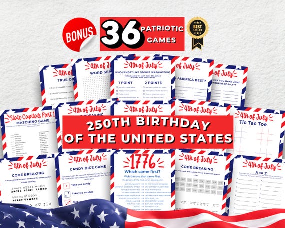 250 Years Game Bundle, 4th of July Games, 250th Anniversary, America 250, Revolutionary War, USA 250 Years, 4th of July Printables, Trivia