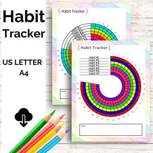 May include: Two habit tracker printables with a rainbow color scheme. The trackers are circular, with sections for each day of the month and space for notes. The words "Habit Tracker" are at the top. The image also includes colored pencils and the text "US LETTER A4".