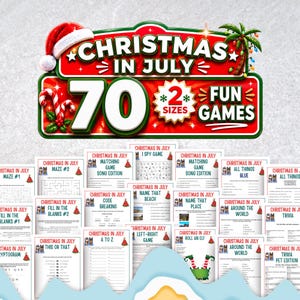 Puede incluir: Un gráfico festivo para "Navidad en julio" con un gorro de Papá Noel, una palmera y bastones de caramelo. El diseño presenta el texto "70" y "2 tamaños juegos divertidos" con varias hojas de juego debajo, perfecto para el entretenimiento temático navideño.