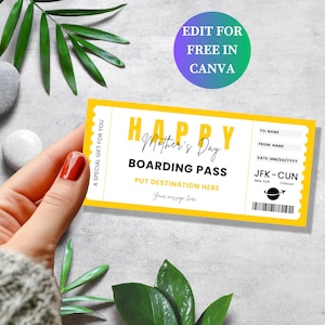 Bon de carte d'embarquement modifiable pour la fête des mères, invitation billet d'avion, cadeau pour maman, modèle modifiable, cadeau de voyage surprise, lettre US