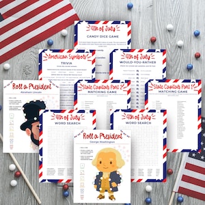 Puede incluir: Una colecci&oacute;n de juegos y actividades patri&oacute;ticas con tem&aacute;tica del 4 de julio. Incluye trivia, b&uacute;squedas de palabras y juegos de emparejamiento. Presenta ilustraciones de Abraham Lincoln y George Washington. Combinaci&oacute;n de colores rojo, blanco y azul.