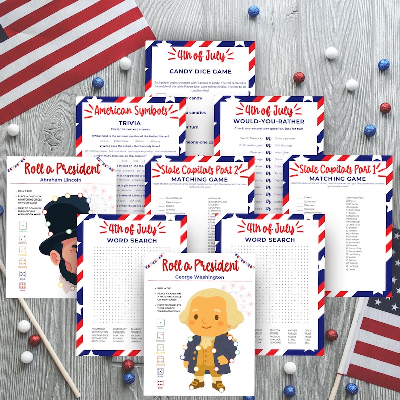 Puede incluir: Una colecci&oacute;n de juegos y actividades patri&oacute;ticas con tem&aacute;tica del 4 de julio. Incluye trivia, b&uacute;squedas de palabras y juegos de emparejamiento. Presenta ilustraciones de Abraham Lincoln y George Washington. Combinaci&oacute;n de colores rojo, blanco y azul.