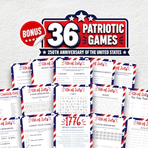 Puede incluir: Un conjunto de 36 juegos patri&oacute;ticos para el 250 aniversario de los Estados Unidos. Los juegos incluyen b&uacute;squedas de palabras, laberintos, rompecabezas de c&oacute;digos y juegos de emparejamiento, todos con un tema rojo, blanco y azul.